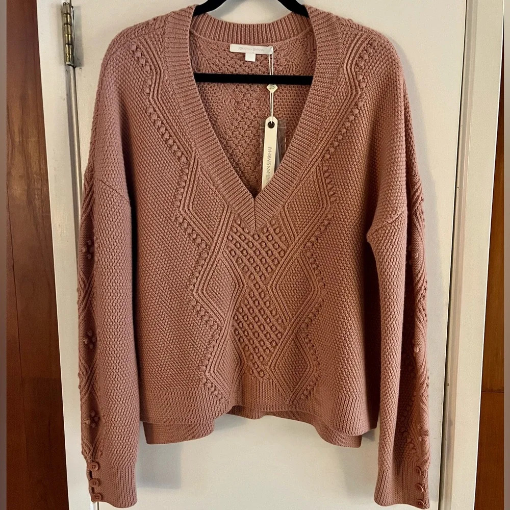 Jonathan Simkhai Cable Knit Pom Pom Sweater Antique Rose - Picture 2 of 8